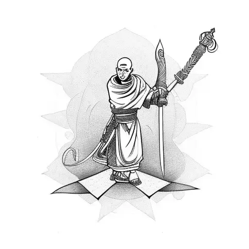 Monk On One Knee With A Sword