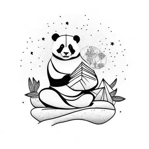 A Serene Landscape With A Panda Meditating Under A Starry Sky