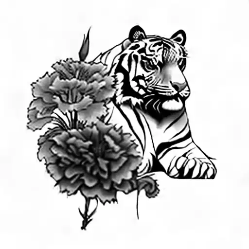 A Tiger And Carnation Flowers