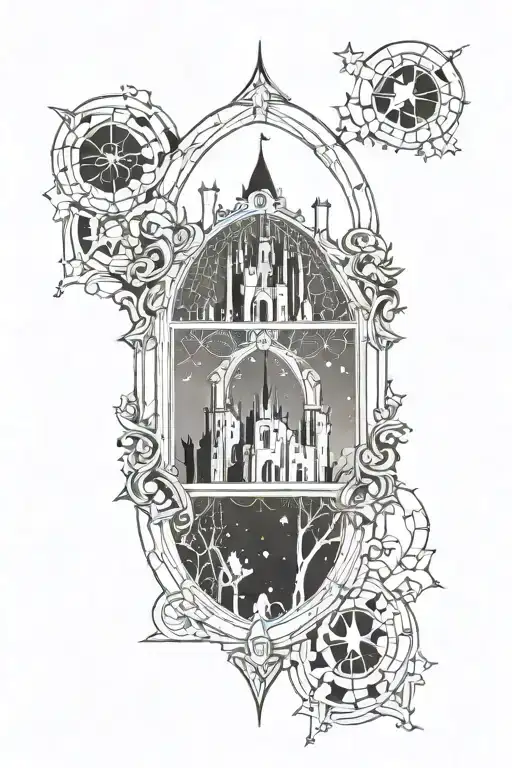 Ornamental Design Surrounding A Castle Window With Night Sky And Castle In Background