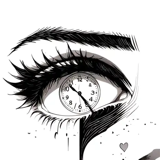 Anime Eyes With Clock In Right Eye And Broken Heart In Left Eye