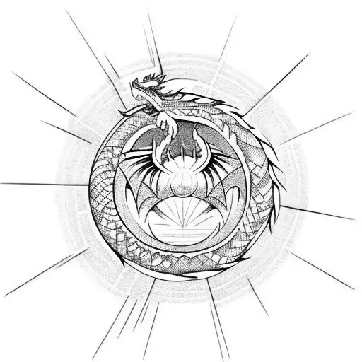 Dragon With Red Sun Behind It