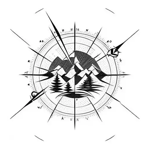 Mountain Alps Silhouette Inside A Compass Showing West