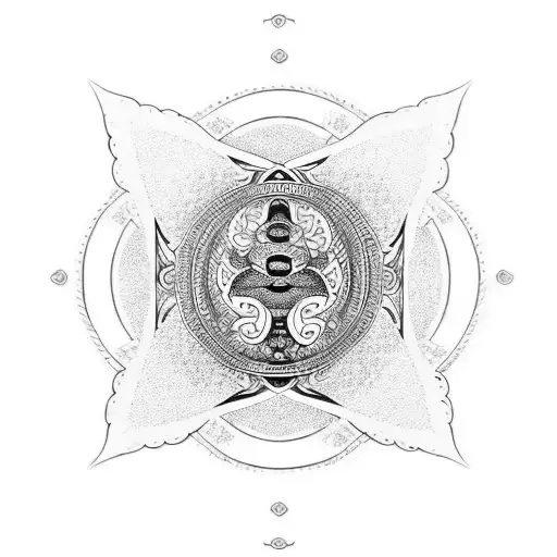 Dotwork Tattoo Of A Yin Yang Symbol Composed Of Drumsticks And Samurai Swords