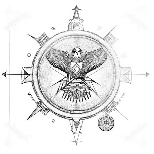 A Blackwork Design Of An Eagle Perched On Top Of A Drafting Compass