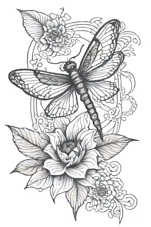 Create A Simple Line Tattoo Consisting Of A Simple Flower And Dragon Fly