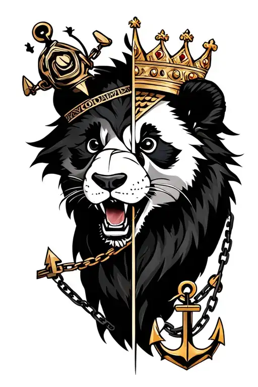 Half Panda And Half Lion Roaring Wearing Crown With Anchor And Chain