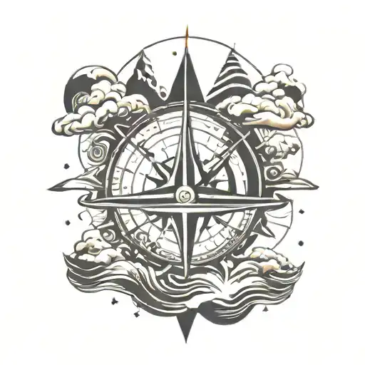 Compass Waves Boat Sun Clouds Floating