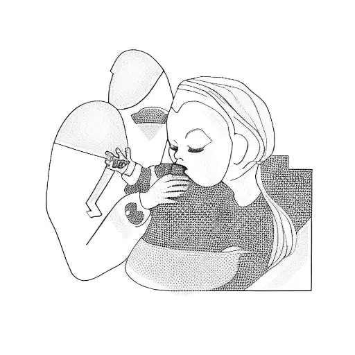 A Woman Holding A Baby Tatto Draw One Line