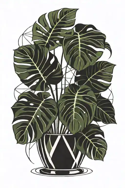 Monstera Plant With Three Large Leaves In A Traditional Vase That Has Geometric Patterns
