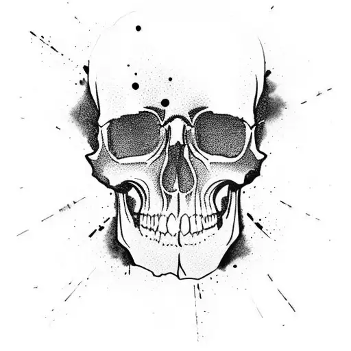 Black And Grey Tattoo Of A Skull With Paint Splatters As The Background