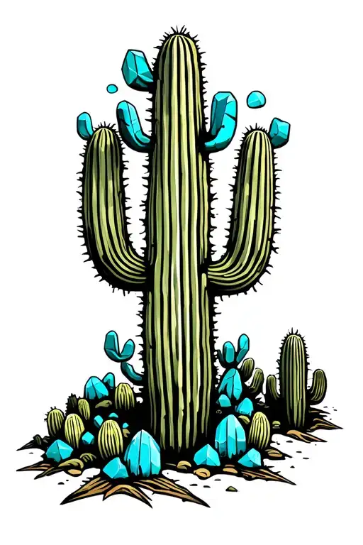 Saguaro Cactus And Peyote Cactus With Turquoise Chunks