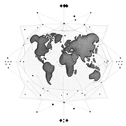 A Dotwork Design Of A World Map With Constellations Of Gemini Connecting The Locations