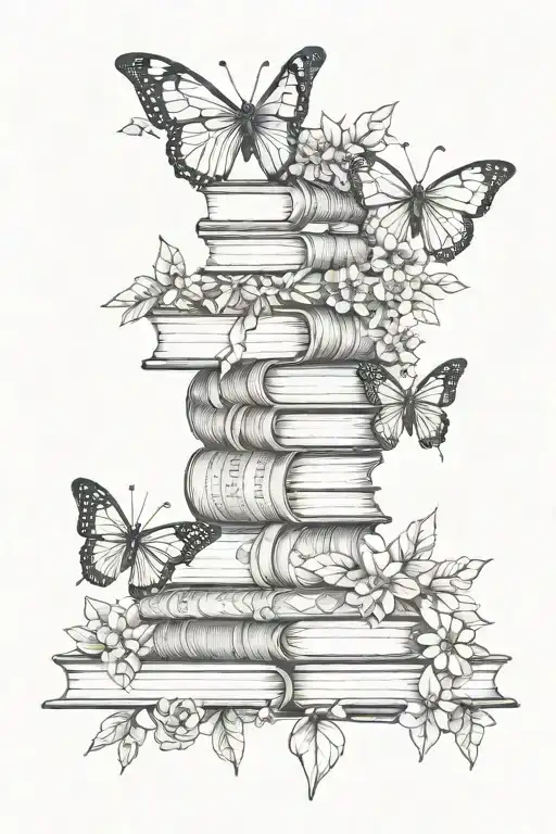 Stack Of Books With Line Work Butterflies And Flowers