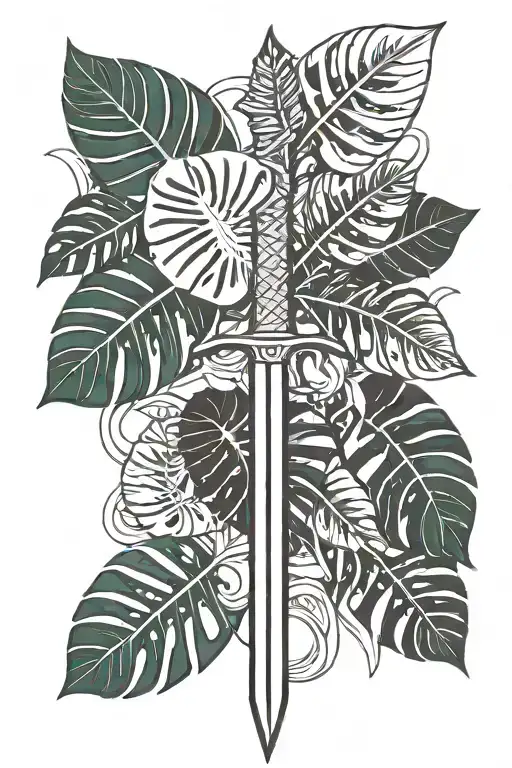Monstera Leaves Wrapping Around A Sword