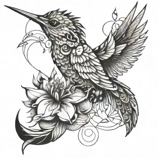 Flowers With Hummingbird On Leg Oriental Dragon With Flowers