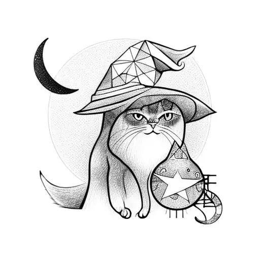 Witch With Hat And Cat With The Moon Behind