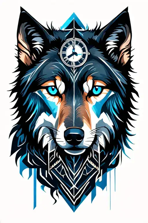 Wolf With Blue Eyes With Clock Face Surrounded