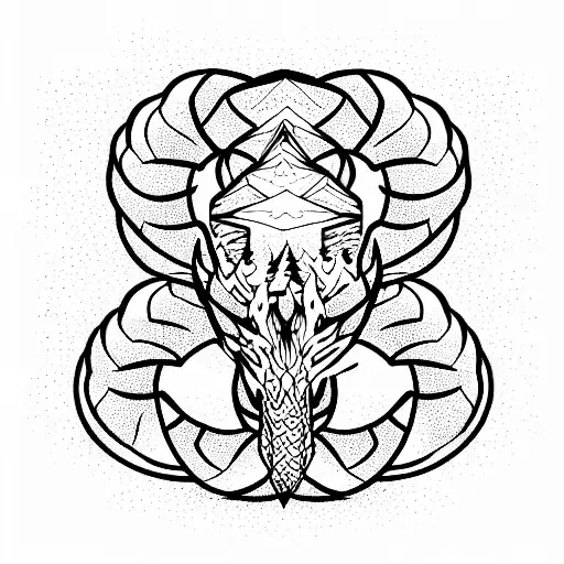 Chaotic Blackwork Mountain With Ouroborus Snake Behind And