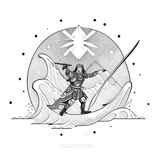 A Fearless Warrior Riding A Wave With A Sword Raised High