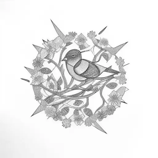 Geometric Bird Made Out Of Branches And Flowers