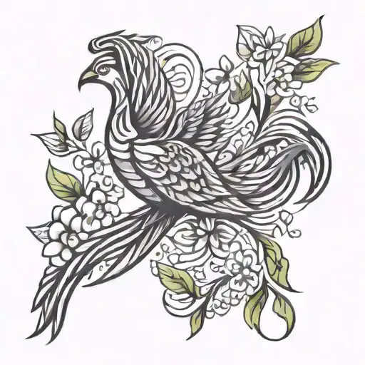 Simple Peaceful Flying Phoenix With Flowers