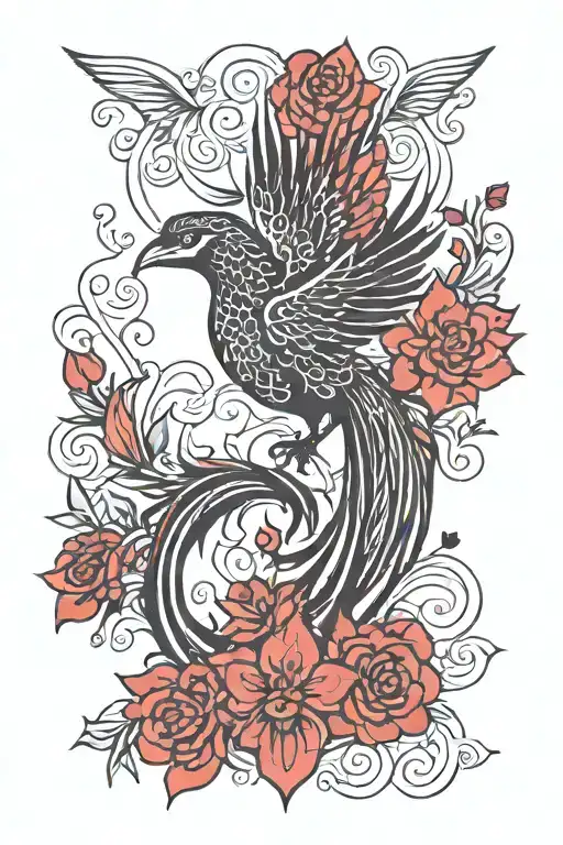 Simple Peaceful Black And Red Flying Phoenix With Flowers Back