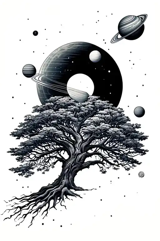Willow Tree Over A Solar System Planets