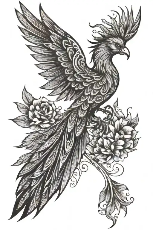 Peaceful Flying Phoenix With Wings Open Flames And Flowers