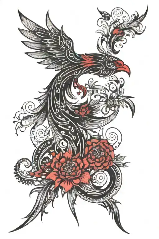 Simple Peaceful Black And Red Flying Phoenix With Flowers Back