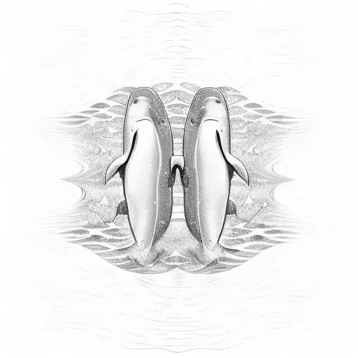 Two Beluga Whale Tails Coming Out Of Water That Looks Like A Paint Brush Stroke