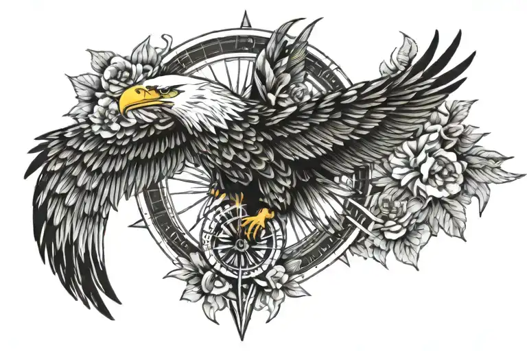 Eagle Flying Over A Compass Surrounded By Flowers