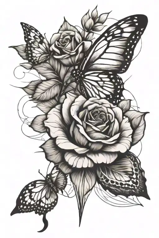 Rose With A Butterfly Flying