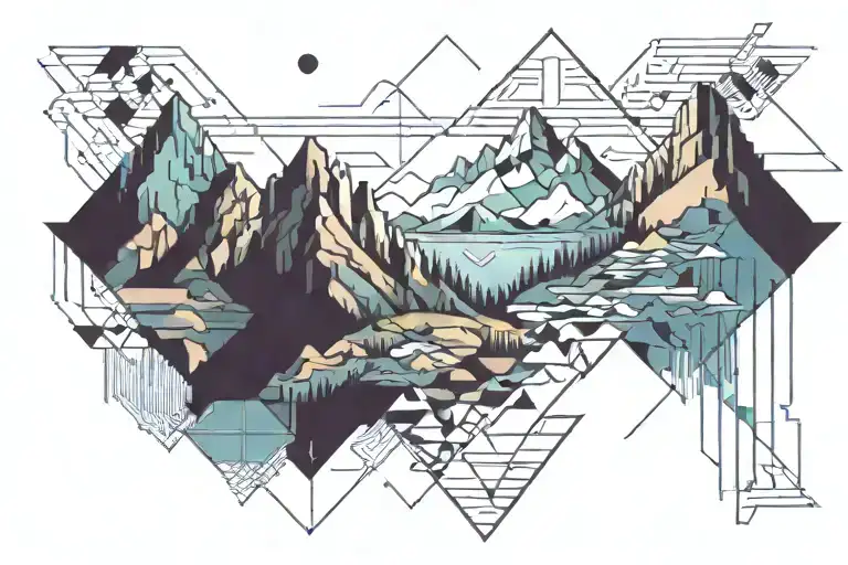 Pixelated Mountain Landscape With Cyber Sigilism