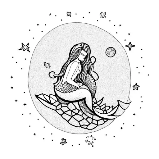 Mermaid Sitting On Rock Looking Up At The Sky With A Full Moon And Milkyway