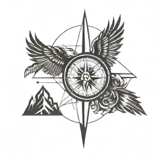 Compass And Mountains Rising Phoenix From Fire