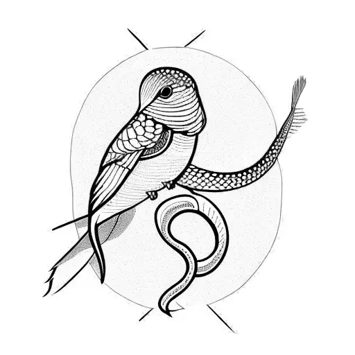 Featherd Snake Encircling A Hummingbird