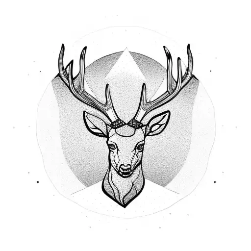 Stag Head With Mountain Circle In Between Antlers