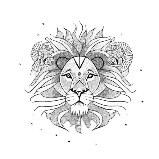 Half Lion Head With Creeper Flowers Herbs And Space Theme