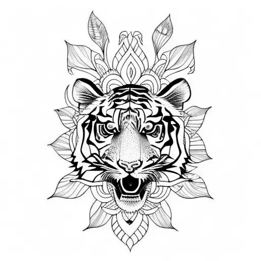 Tiger With Lotus Flowers