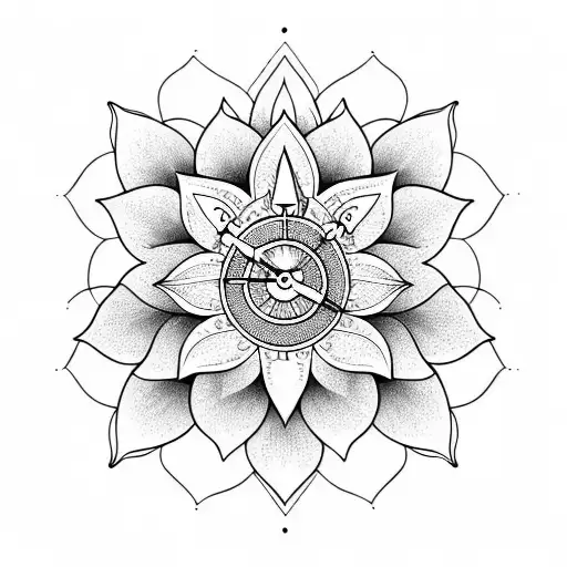 Lotus Flower With A Clock And Praying Hands With A Cross And Vines