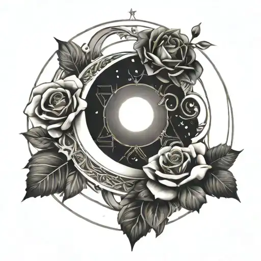 Celestial Tattoo With Rose In Centre And A Crescent Moon Above It
