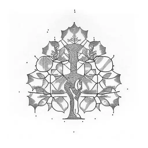 A Dotwork Tattoo Of A Family Tree With Each Branch Representing A Different Wine Grape Variety