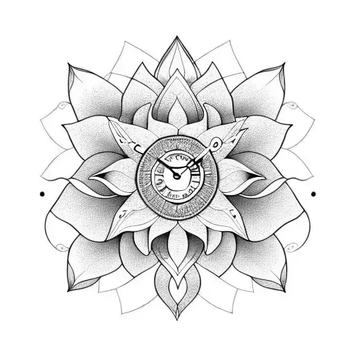 Lotus Flower With A Clock And Praying Hands With A Cross And Vines