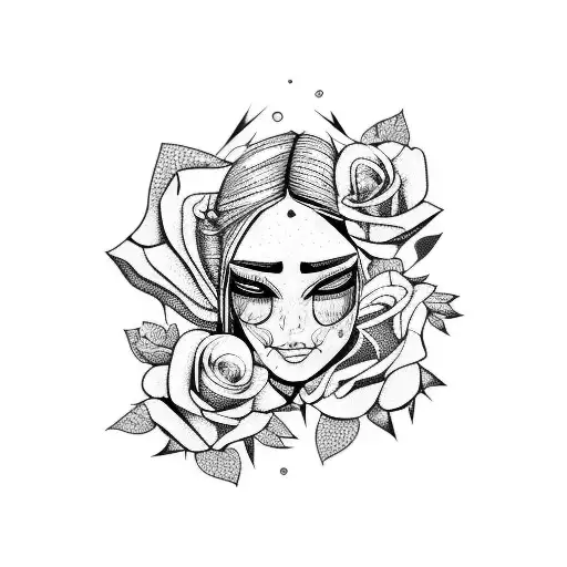 Broken Crying Woman With Dying Roses Around Her