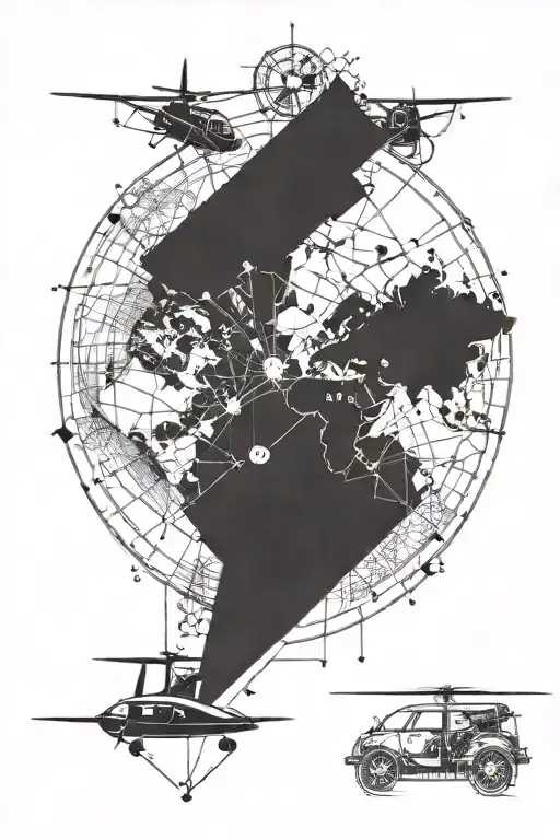 Aviation Themed Tattoo With Map And Compass And Airplane And Helicopter