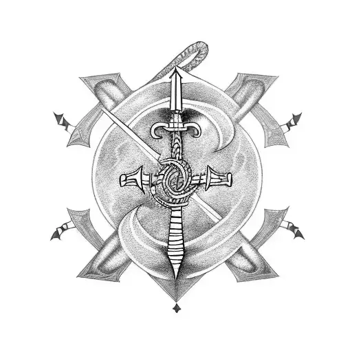 A Futuristic Influenced Tattoo Incorporating Only A Sword And An Anchor With Hints Of Navy Blue