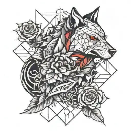 Red Rose Wolf And Samurai Warrior