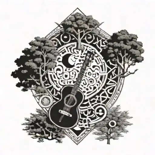 Albanian Symbols Forming A Moon Shape Surrounded By Musical Instruments And Trees