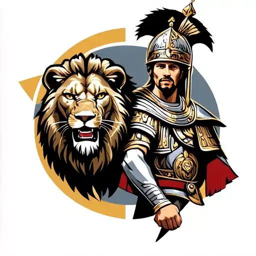 A Strong Roman Soldier With An Angry Lion On The Background